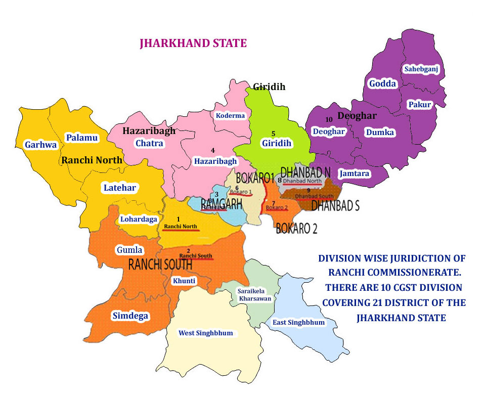 Map showing the jurisdiction of Central GST Commissionerate Patna-II in Jharkhand